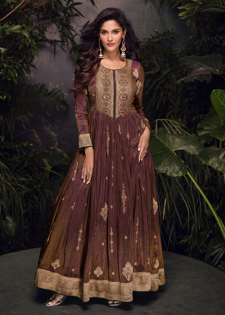 Buy Now Brown Pure Viscose Jaquard Embroidered Silk Anarkali Gown Online in USA, UK, Germany, Canada, UAE & Worldwide at Empress Clothing. 