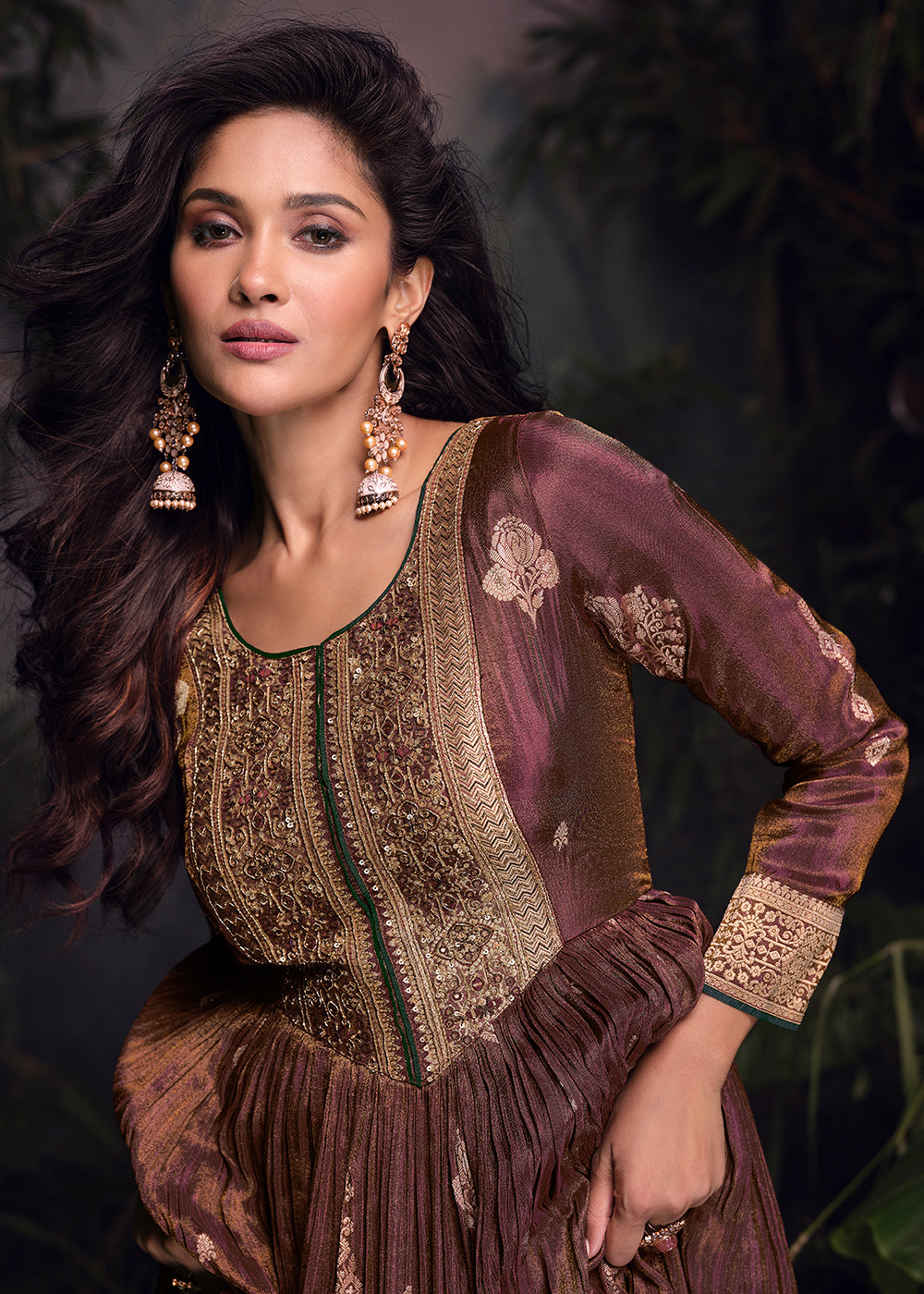 Buy Now Brown Pure Viscose Jaquard Embroidered Silk Anarkali Gown Online in USA, UK, Germany, Canada, UAE & Worldwide at Empress Clothing. 