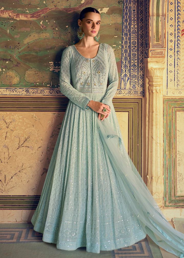 Buy Now Ice Blue Heavy Chikankari Embroidered Wedding Anarkali Gown Online in US, UK, Italy, Canada & Worldwide at Empress Clothing.