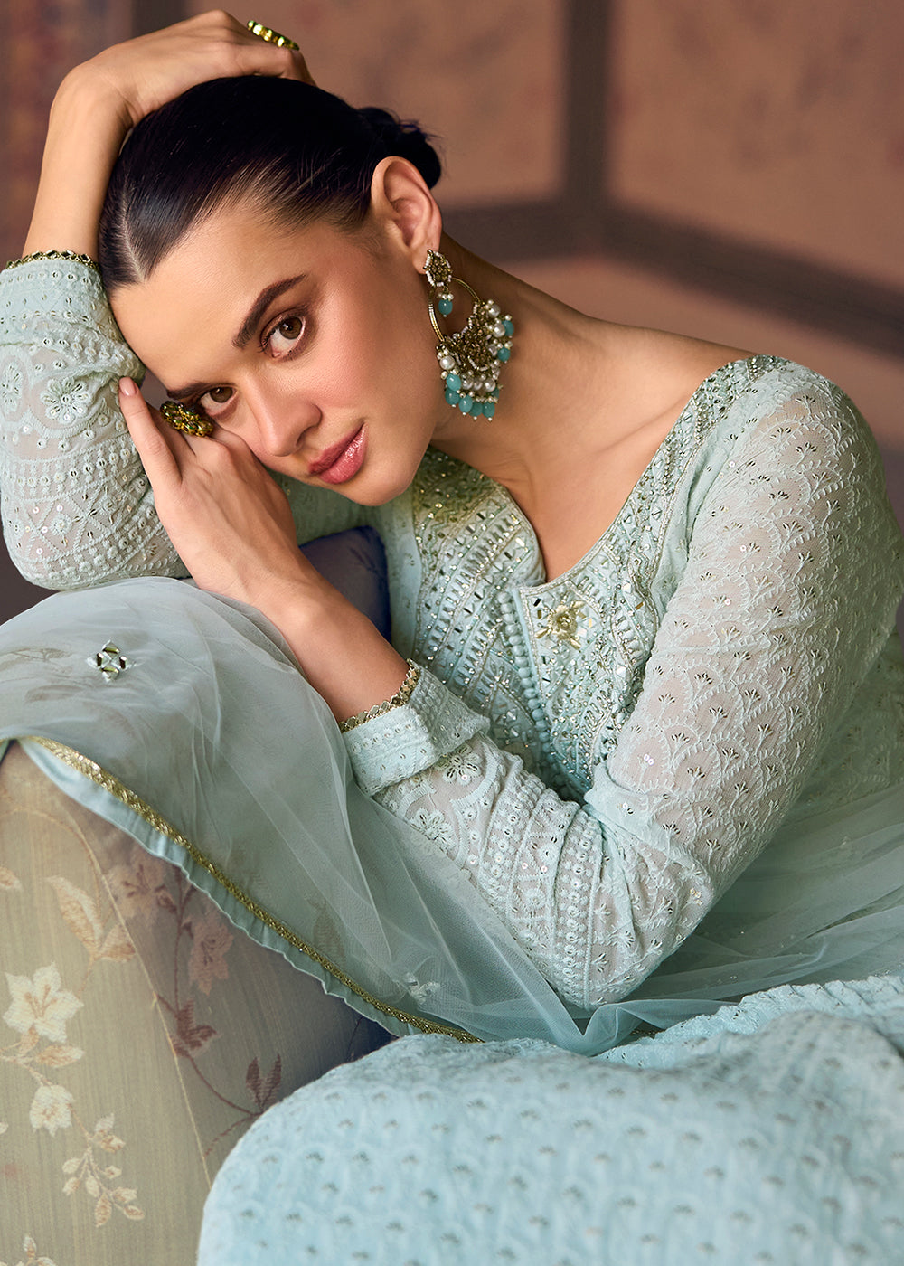 Buy Now Ice Blue Heavy Chikankari Embroidered Wedding Anarkali Gown Online in US, UK, Italy, Canada & Worldwide at Empress Clothing.