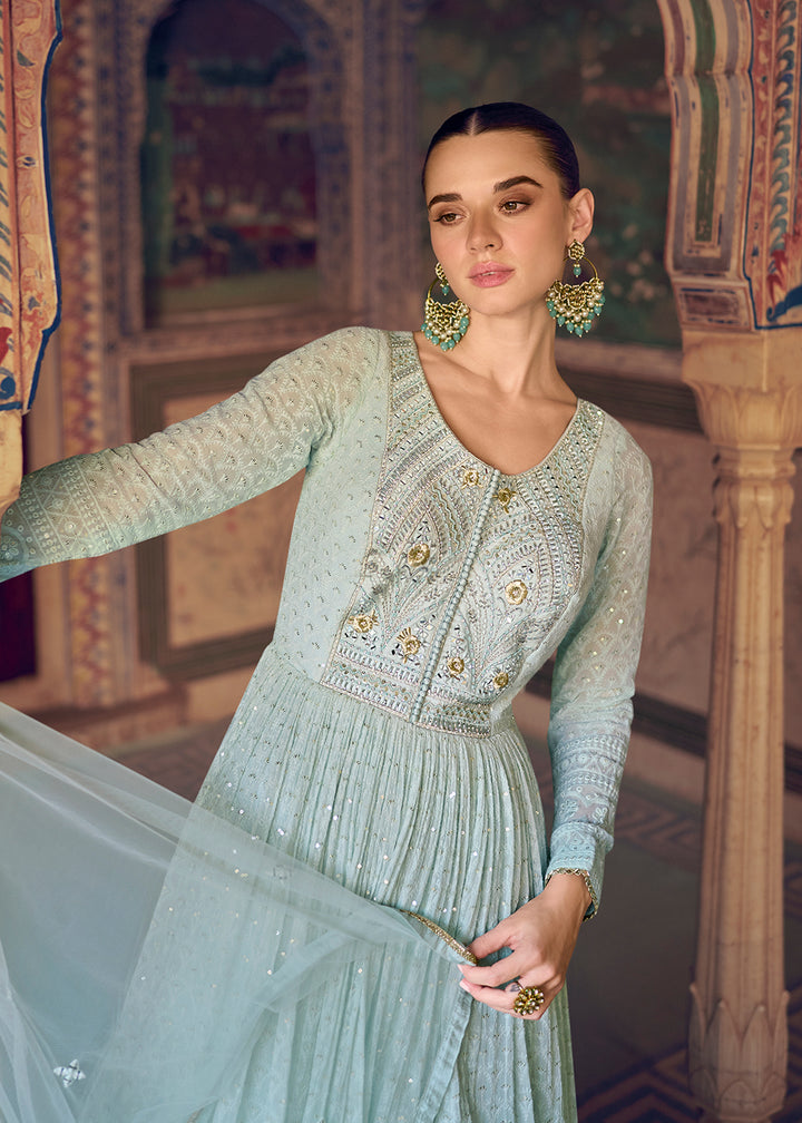 Buy Now Ice Blue Heavy Chikankari Embroidered Wedding Anarkali Gown Online in US, UK, Italy, Canada & Worldwide at Empress Clothing.