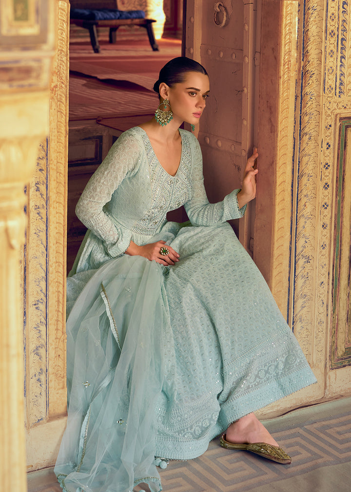 Buy Now Ice Blue Heavy Chikankari Embroidered Wedding Anarkali Gown Online in US, UK, Italy, Canada & Worldwide at Empress Clothing.