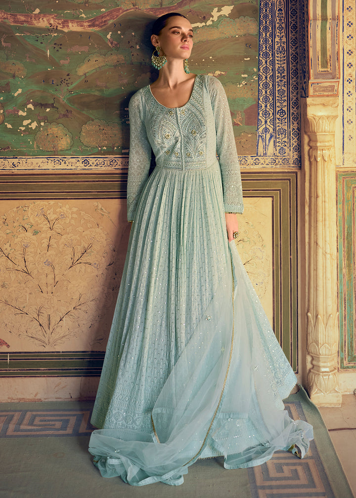Buy Now Ice Blue Heavy Chikankari Embroidered Wedding Anarkali Gown Online in US, UK, Italy, Canada & Worldwide at Empress Clothing.