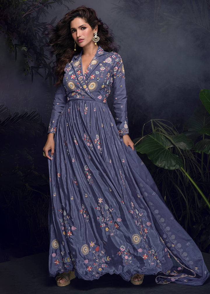 Buy Now Bluish Grey Multi Threads Handwork Party Anarkali Gown Online in US, UK, Canada, France, Italy, Singapore, UAE, Austria & Worldwide at Empress Clothing.