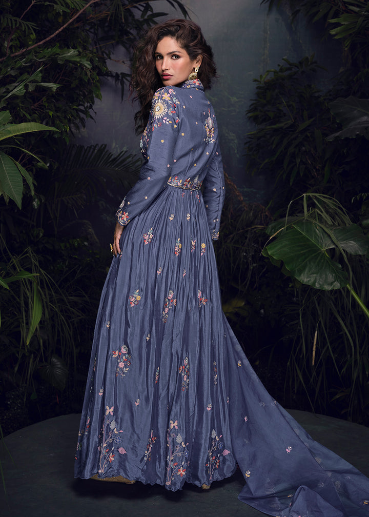 Buy Now Bluish Grey Multi Threads Handwork Party Anarkali Gown Online in US, UK, Canada, France, Italy, Singapore, UAE, Austria & Worldwide at Empress Clothing.