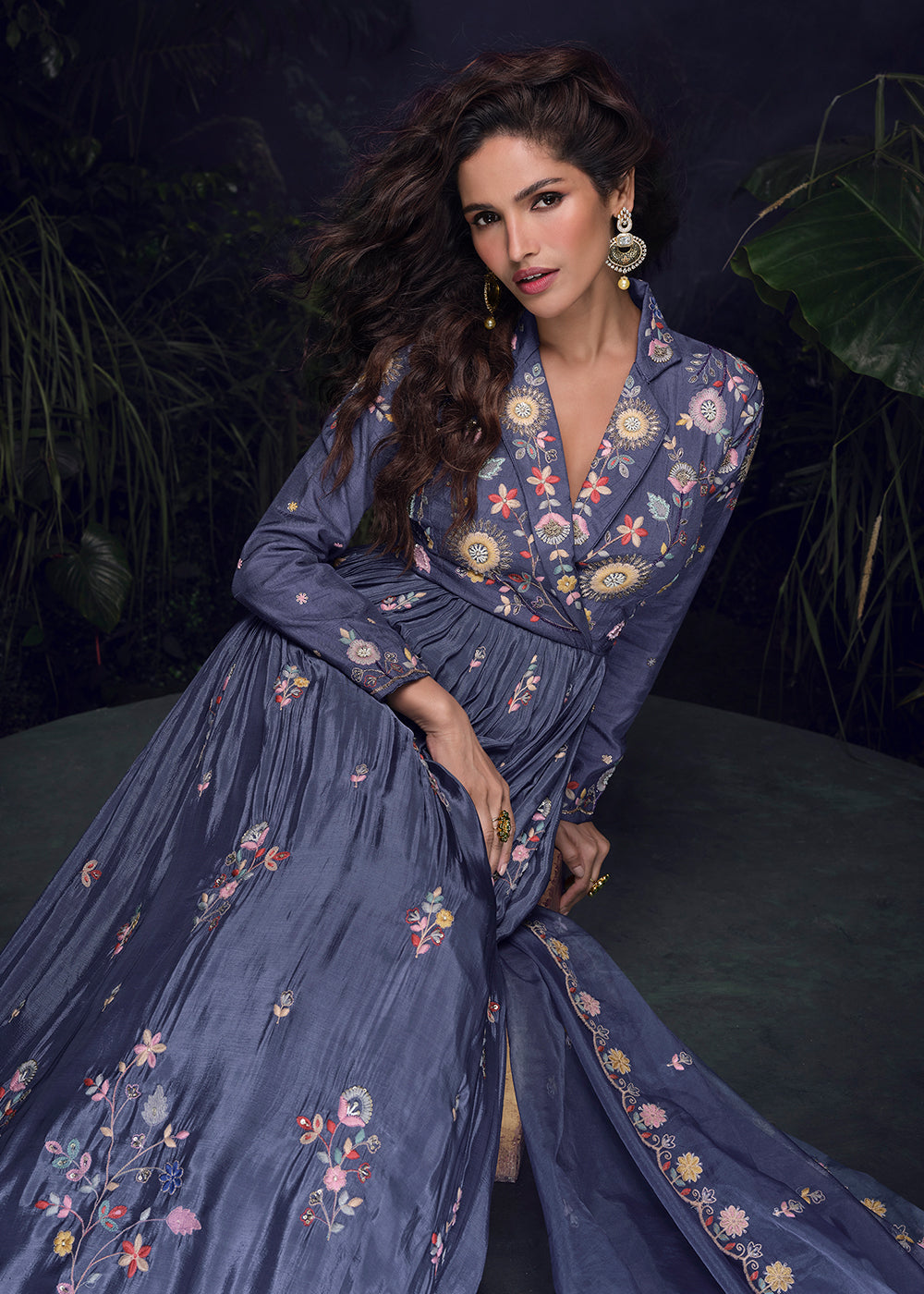 Buy Now Bluish Grey Multi Threads Handwork Party Anarkali Gown Online in US, UK, Canada, France, Italy, Singapore, UAE, Austria & Worldwide at Empress Clothing.