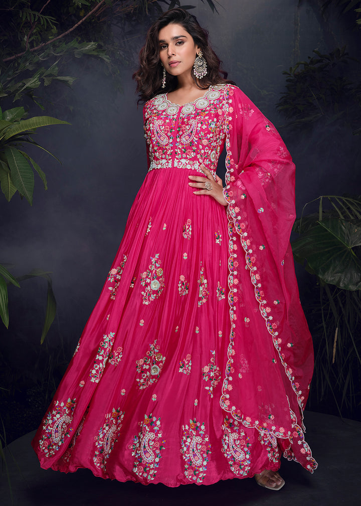Buy Now Hot Pink Multi Threads Handwork Party Anarkali Gown Online in US, UK, Canada, France, Italy, Singapore, UAE, Austria & Worldwide at Empress Clothing.