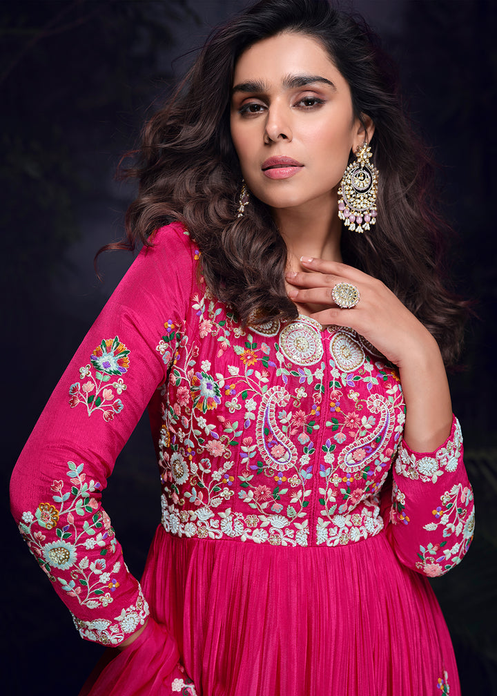 Buy Now Hot Pink Multi Threads Handwork Party Anarkali Gown Online in US, UK, Canada, France, Italy, Singapore, UAE, Austria & Worldwide at Empress Clothing.