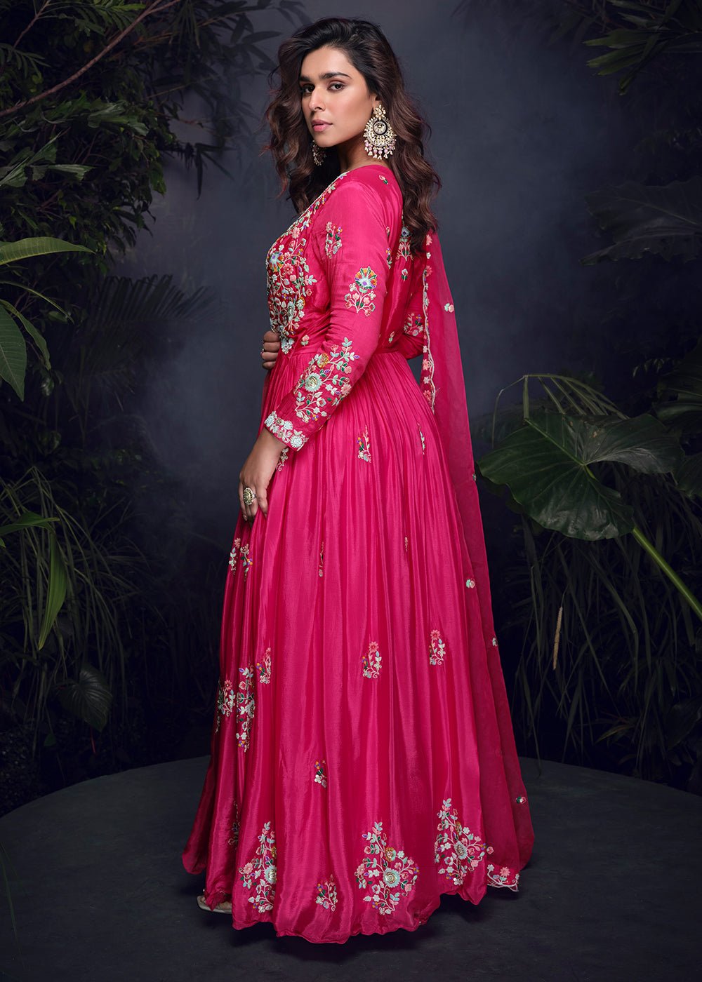 Buy Now Hot Pink Multi Threads Handwork Party Anarkali Gown Online in US, UK, Canada, France, Italy, Singapore, UAE, Austria & Worldwide at Empress Clothing.