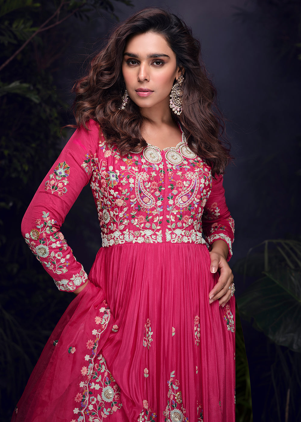 Buy Now Hot Pink Multi Threads Handwork Party Anarkali Gown Online in US, UK, Canada, France, Italy, Singapore, UAE, Austria & Worldwide at Empress Clothing.