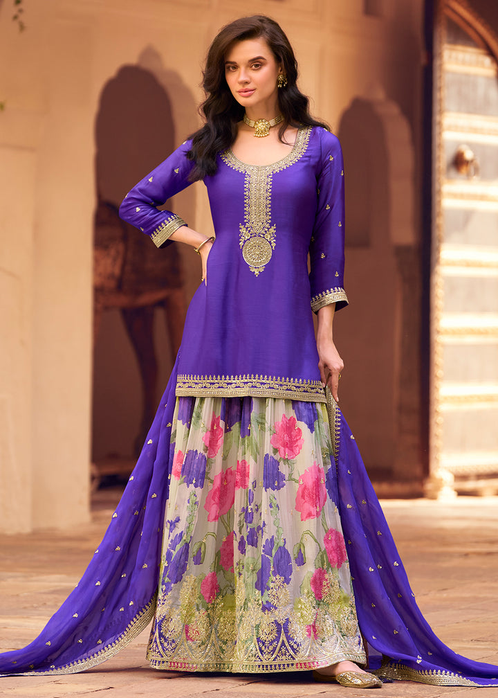 Buy Now Festive Purple Embroidered Suit with Printed Palazzo Online in USA, UK, Canada, Germany, Italy, France, Austria, UAE, Netherland & Worldwide at Empress.