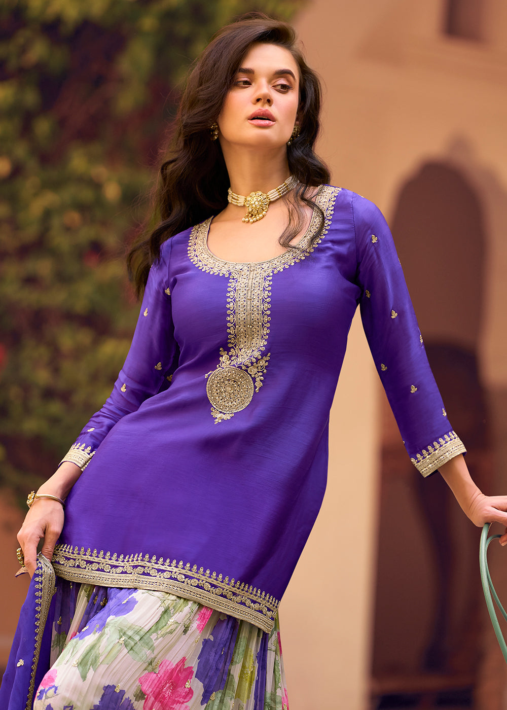 Buy Now Festive Purple Embroidered Suit with Printed Palazzo Online in USA, UK, Canada, Germany, Italy, France, Austria, UAE, Netherland & Worldwide at Empress.
