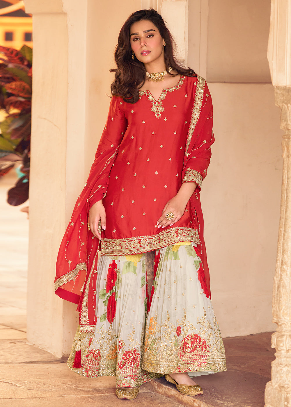 Buy Now Festive Red Embroidered Suit with Printed Palazzo Online in USA, UK, Canada, Germany, Italy, France, Austria, UAE, Netherland & Worldwide at Empress.