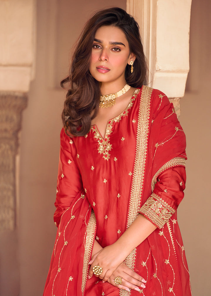 Buy Now Festive Red Embroidered Suit with Printed Palazzo Online in USA, UK, Canada, Germany, Italy, France, Austria, UAE, Netherland & Worldwide at Empress.