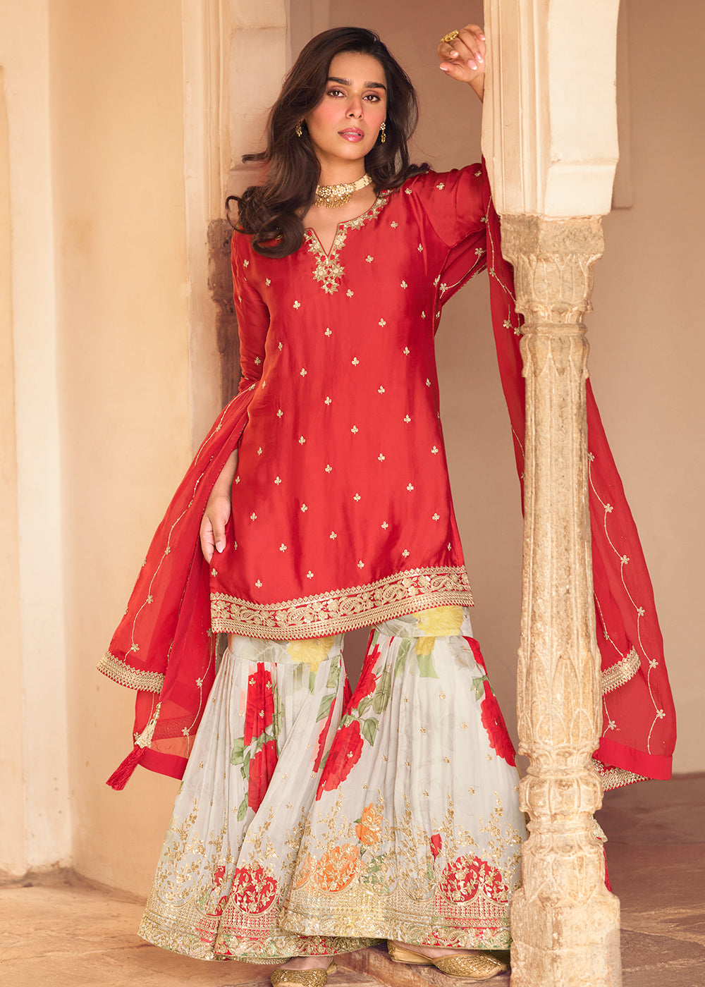 Buy Now Festive Red Embroidered Suit with Printed Palazzo Online in USA, UK, Canada, Germany, Italy, France, Austria, UAE, Netherland & Worldwide at Empress.