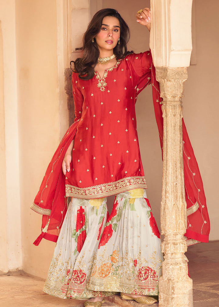 Buy Now Festive Red Embroidered Suit with Printed Palazzo Online in USA, UK, Canada, Germany, Italy, France, Austria, UAE, Netherland & Worldwide at Empress.