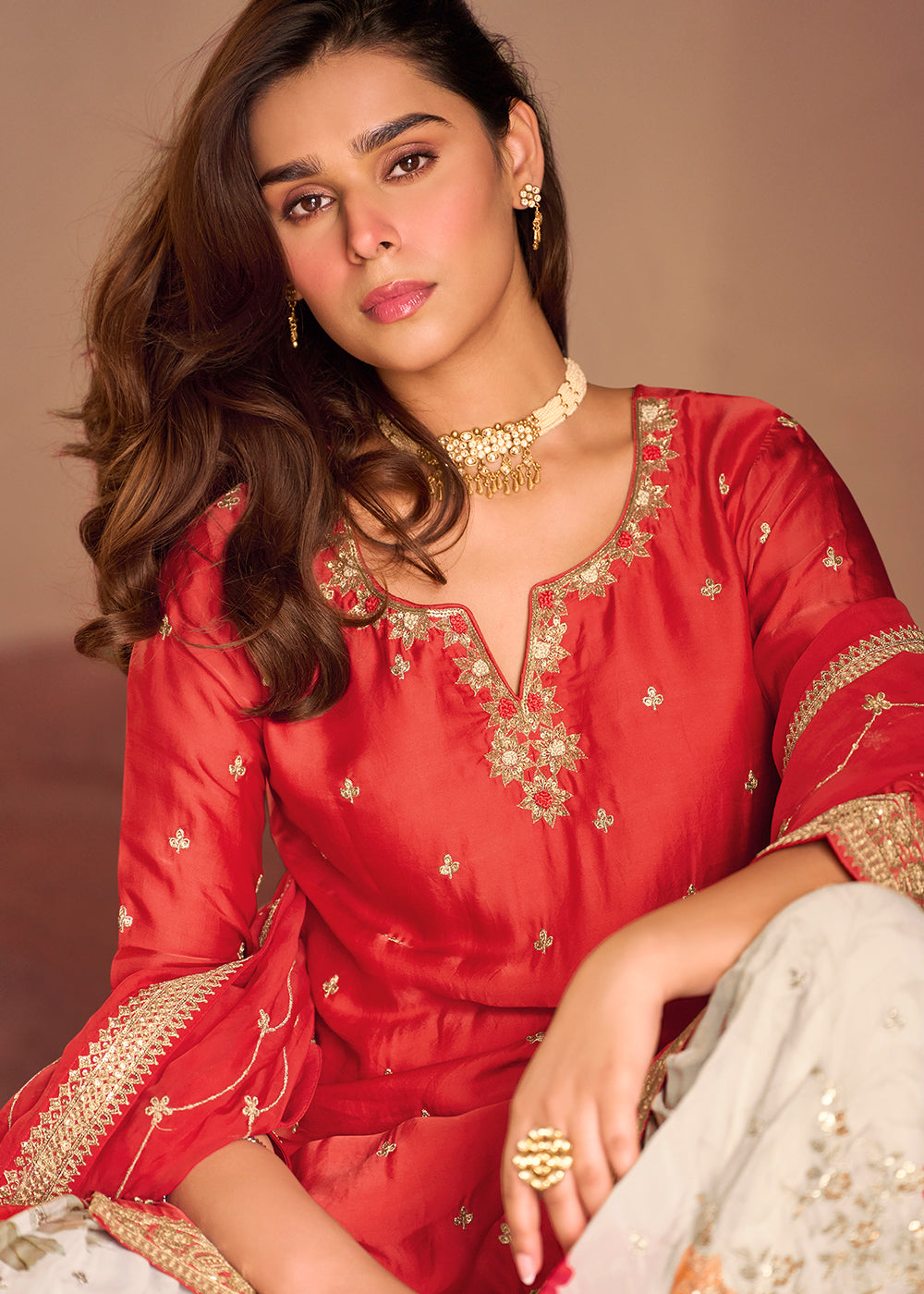 Buy Now Festive Red Embroidered Suit with Printed Palazzo Online in USA, UK, Canada, Germany, Italy, France, Austria, UAE, Netherland & Worldwide at Empress.