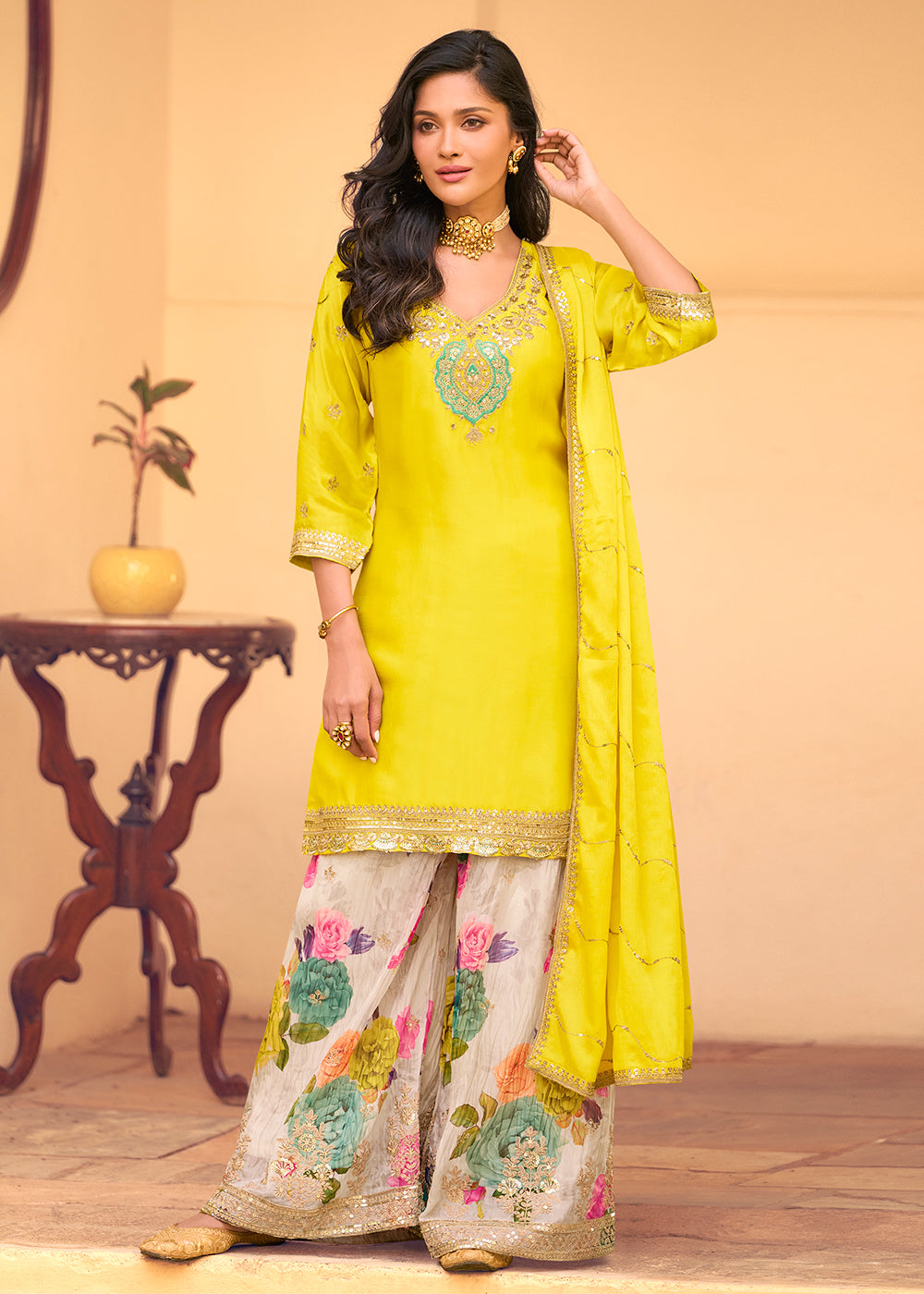 Buy Now Festive Yellow Embroidered Suit with Printed Palazzo Online in USA, UK, Canada, Germany, Italy, France, Austria, UAE, Netherland & Worldwide at Empress.