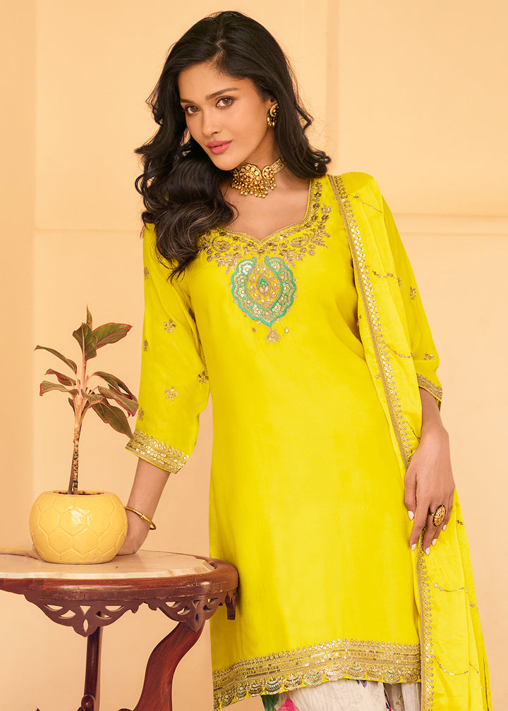 Buy Now Festive Yellow Embroidered Suit with Printed Palazzo Online in USA, UK, Canada, Germany, Italy, France, Austria, UAE, Netherland & Worldwide at Empress.