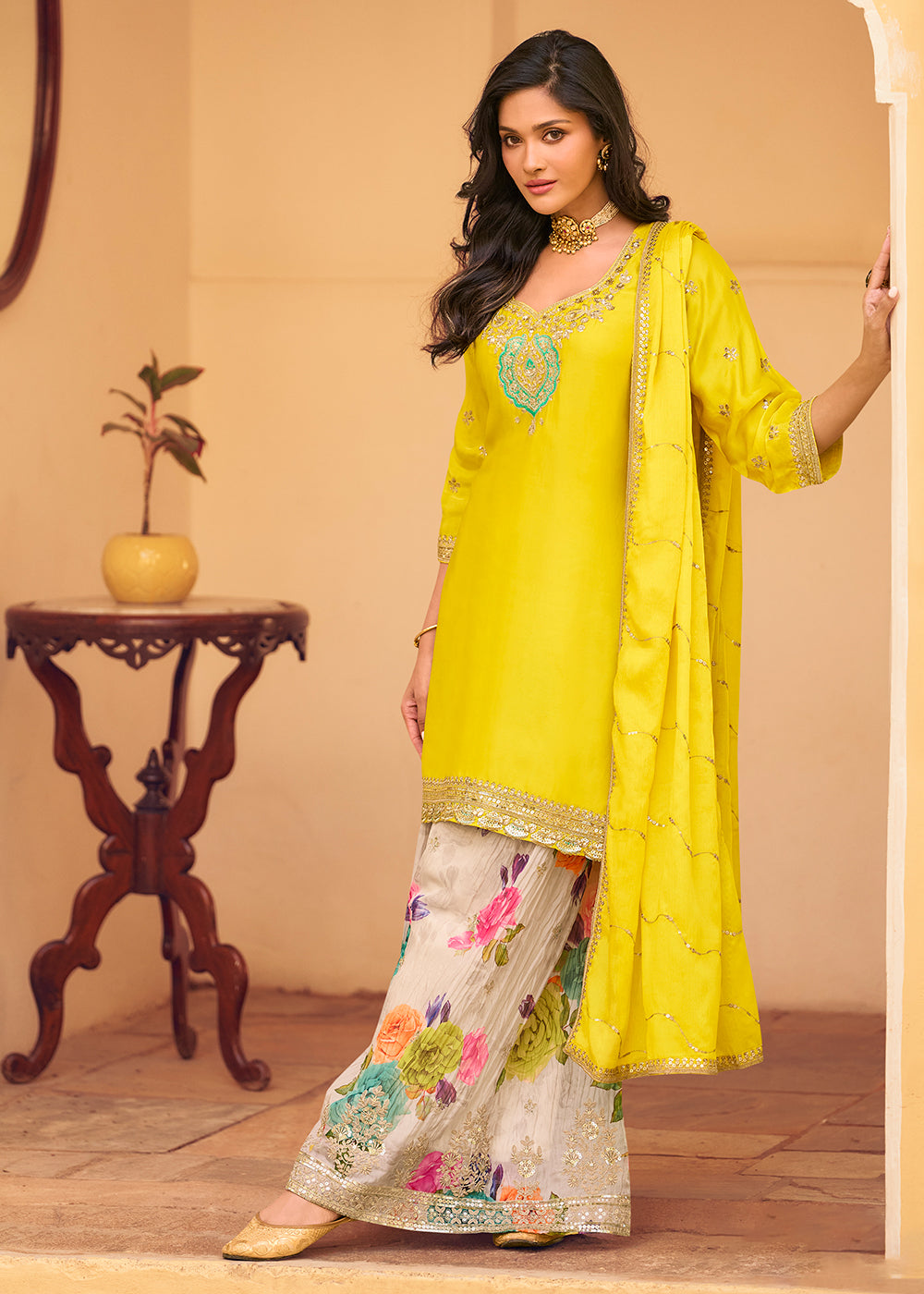 Buy Now Festive Yellow Embroidered Suit with Printed Palazzo Online in USA, UK, Canada, Germany, Italy, France, Austria, UAE, Netherland & Worldwide at Empress.