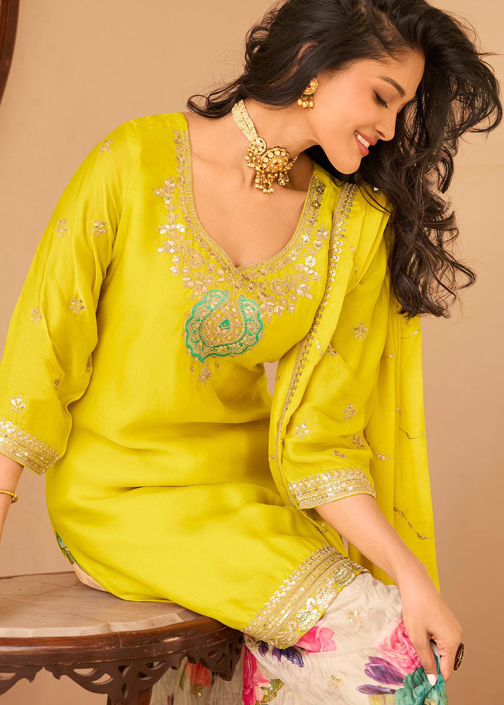 Buy Now Festive Yellow Embroidered Suit with Printed Palazzo Online in USA, UK, Canada, Germany, Italy, France, Austria, UAE, Netherland & Worldwide at Empress.