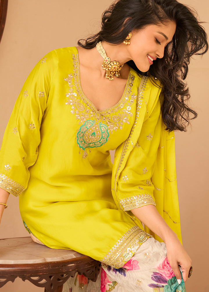 Buy Now Festive Yellow Embroidered Suit with Printed Palazzo Online in USA, UK, Canada, Germany, Italy, France, Austria, UAE, Netherland & Worldwide at Empress.