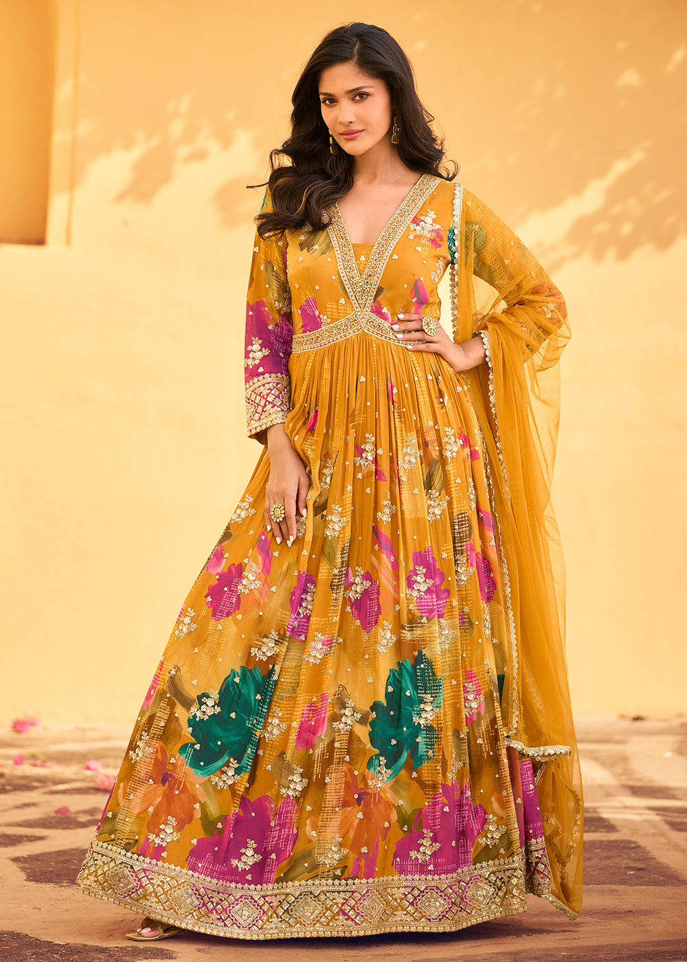 Buy Now Mustard Multi Embroidered Wedding Festive Anarkali Gown Online in USA, UK, Italy, Canada & Worldwide at Empress Clothing. 