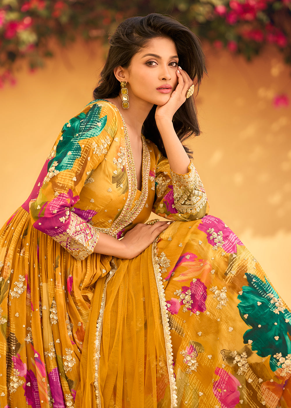 Buy Now Mustard Multi Embroidered Wedding Festive Anarkali Gown Online in USA, UK, Italy, Canada & Worldwide at Empress Clothing. 