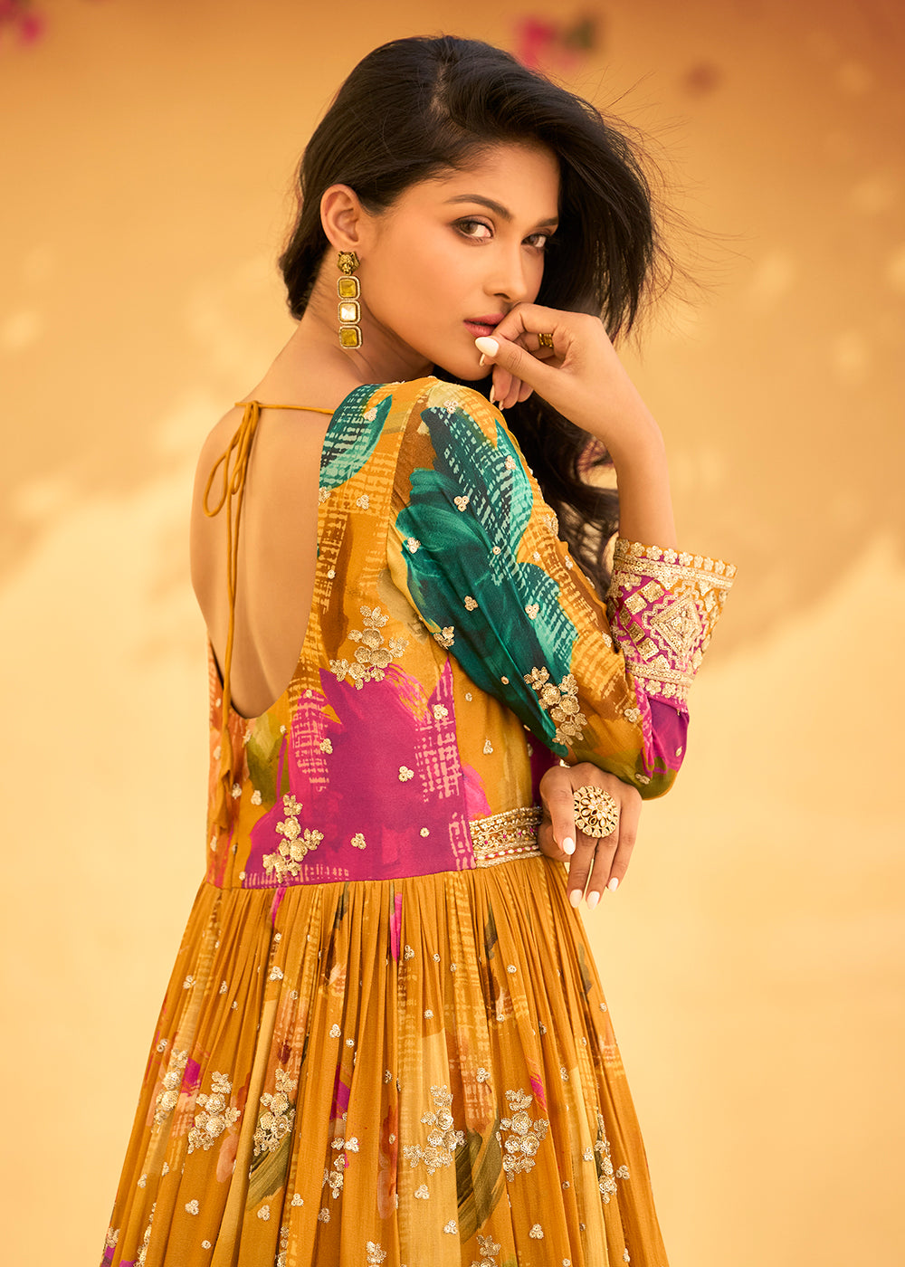 Buy Now Mustard Multi Embroidered Wedding Festive Anarkali Gown Online in USA, UK, Italy, Canada & Worldwide at Empress Clothing. 