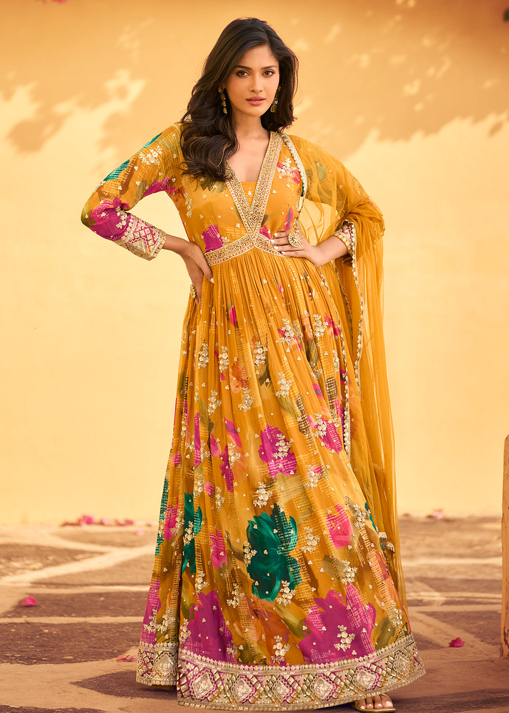 Buy Now Mustard Multi Embroidered Wedding Festive Anarkali Gown Online in USA, UK, Italy, Canada & Worldwide at Empress Clothing. 