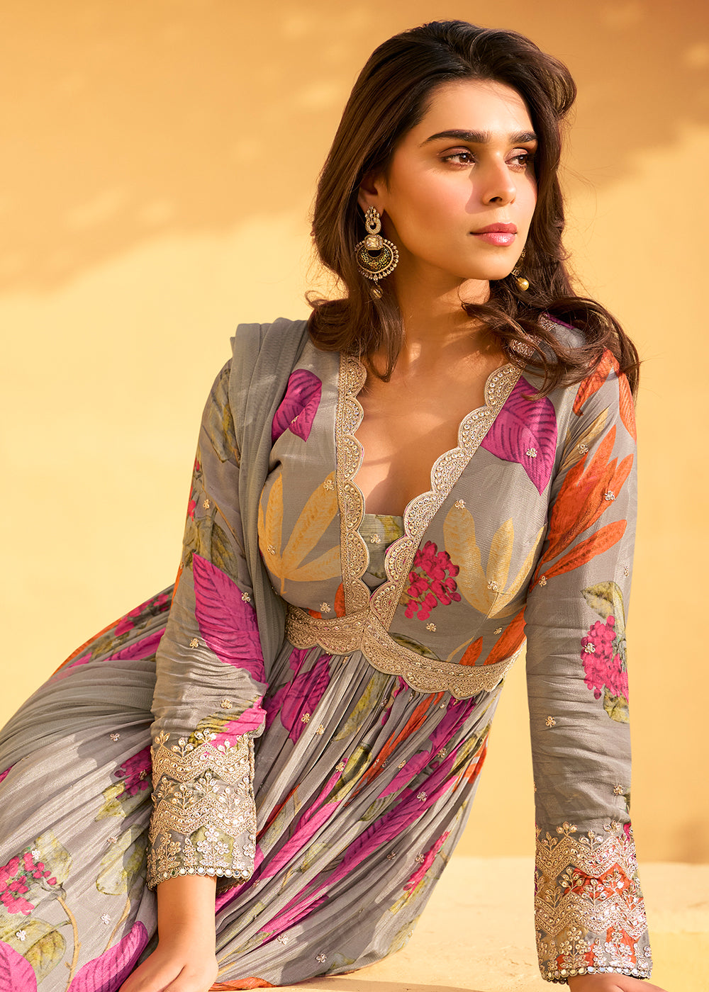 Buy Now Grey Multi Embroidered Wedding Festive Anarkali Gown Online in USA, UK, Italy, Canada & Worldwide at Empress Clothing.