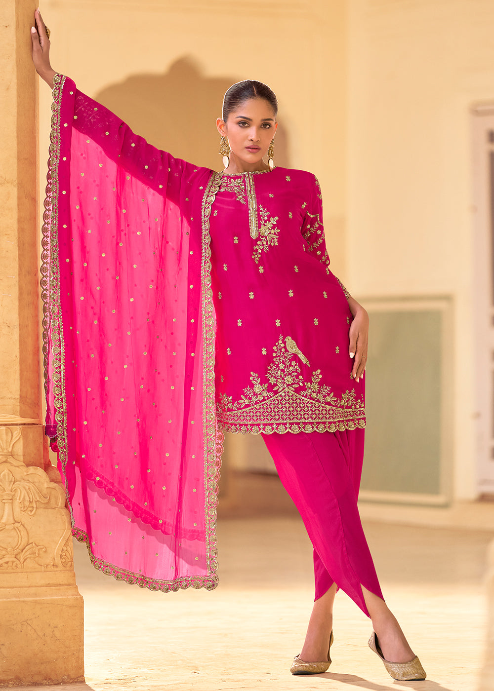 Buy Now Pink Dhoti Style Crepe Silk Ethnic Wear Dress Online in New York, Los Angeles, San Jose, Chicago, Houston, Fremont, Newark, Utah & Worldwide at Empress.