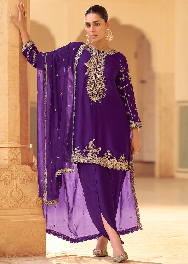 Buy Now Purple Dhoti Style Crepe Silk Ethnic Wear Dress Online in New York, Los Angeles, San Jose, Chicago, Houston, Fremont, Newark & Worldwide at Empress.