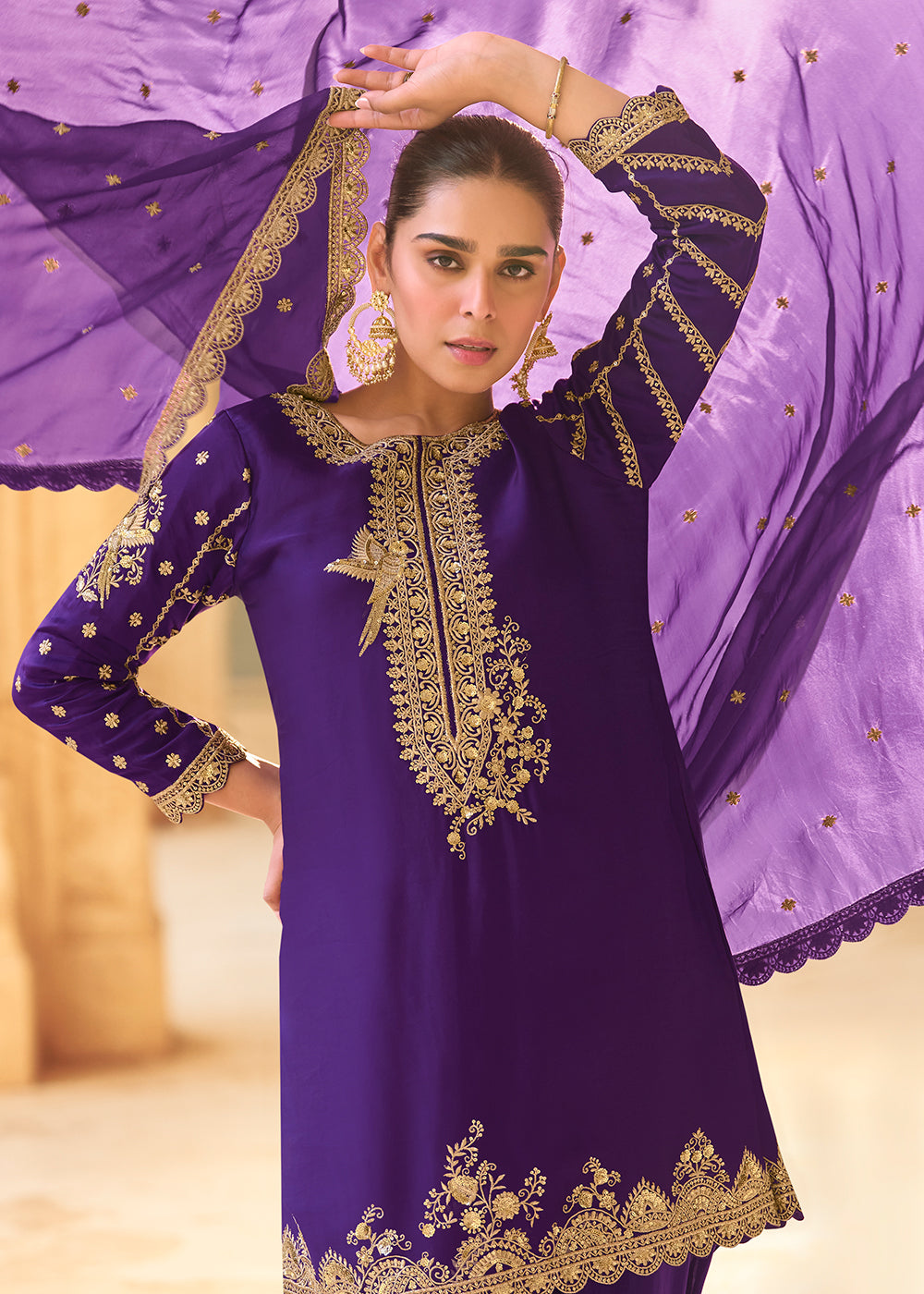 purple ethnic dress Purple Floral Embroidered V-Neck Georgette Maxi Ethnic Motifs Dress S-36