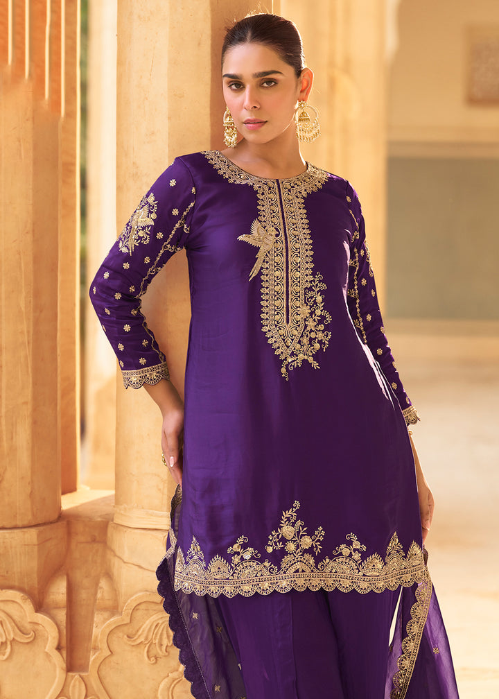 Buy Now Purple Dhoti Style Crepe Silk Ethnic Wear Dress Online in New York, Los Angeles, San Jose, Chicago, Houston, Fremont, Newark & Worldwide at Empress.
