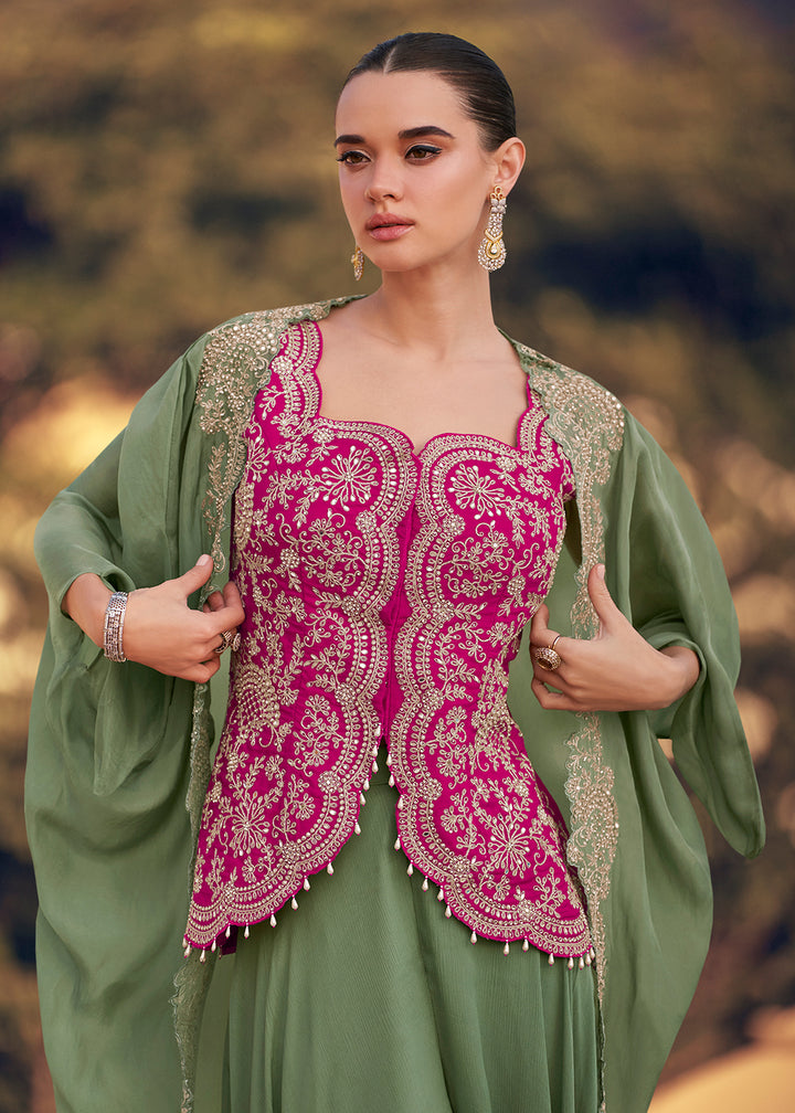 Buy Now Green & Pink Designer Style Indo Western Dress Online in USA, UK, Canada, Germany, Italy, France, Netherland, Singapore & Worldwide at Empress Clothing.
