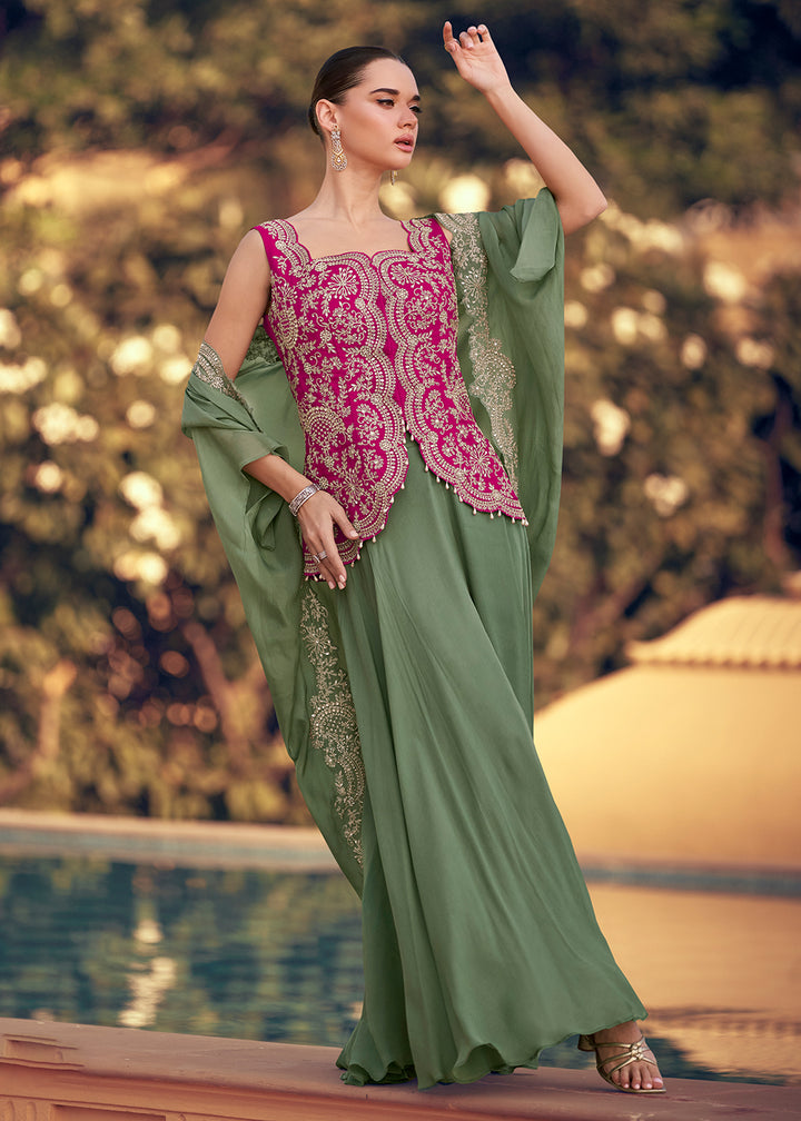 Buy Now Green & Pink Designer Style Indo Western Dress Online in USA, UK, Canada, Germany, Italy, France, Netherland, Singapore & Worldwide at Empress Clothing.