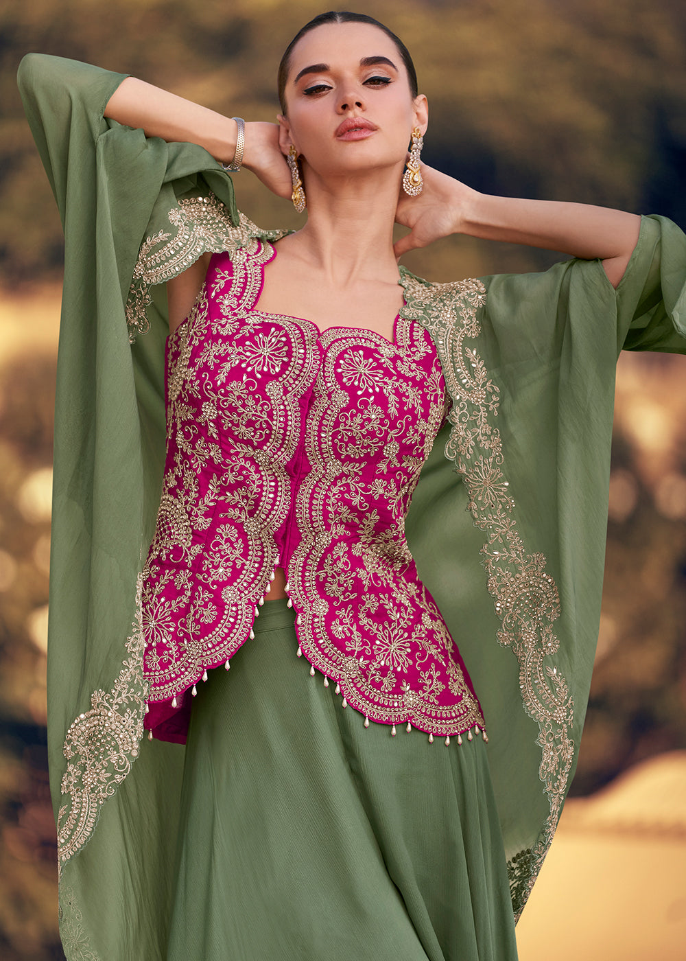 green dress indo western This Indo-Western silhouette in our favorite shade of green is designed to turn heads and start conversations., (green indo western outfit, indo western dress for women, modern indo western wear,