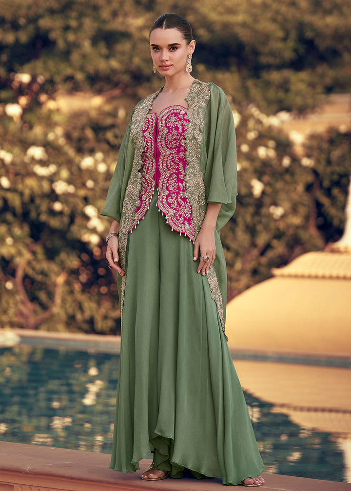 Buy Now Green & Pink Designer Style Indo Western Dress Online in USA, UK, Canada, Germany, Italy, France, Netherland, Singapore & Worldwide at Empress Clothing.