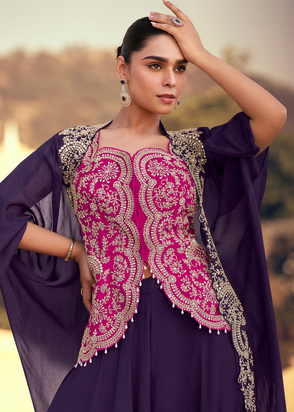Buy Now Purple & Pink Designer Style Indo Western Dress Online in USA, UK, Canada, Germany, Italy, France, Netherland, Singapore & Worldwide at Empress Clothing.