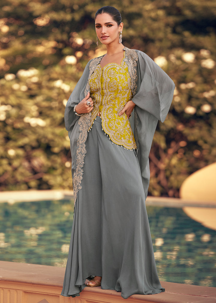 Buy Now Grey & Yellow Designer Style Indo Western Dress Online in USA, UK, Canada, Germany, Italy, France, Netherland, Singapore & Worldwide at Empress Clothing