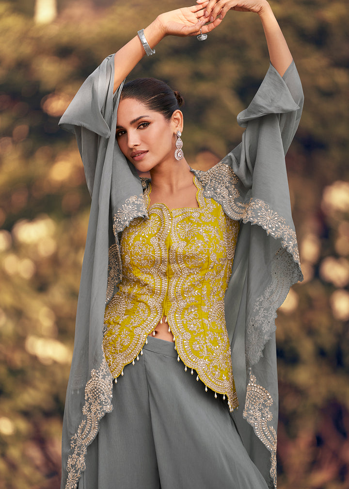 Buy Now Grey & Yellow Designer Style Indo Western Dress Online in USA, UK, Canada, Germany, Italy, France, Netherland, Singapore & Worldwide at Empress Clothing