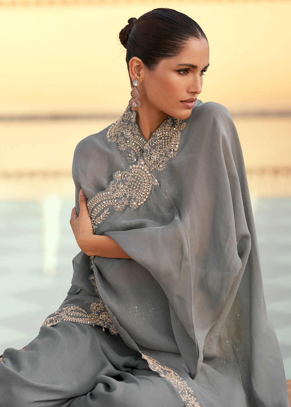 Buy Now Grey & Yellow Designer Style Indo Western Dress Online in USA, UK, Canada, Germany, Italy, France, Netherland, Singapore & Worldwide at Empress Clothing