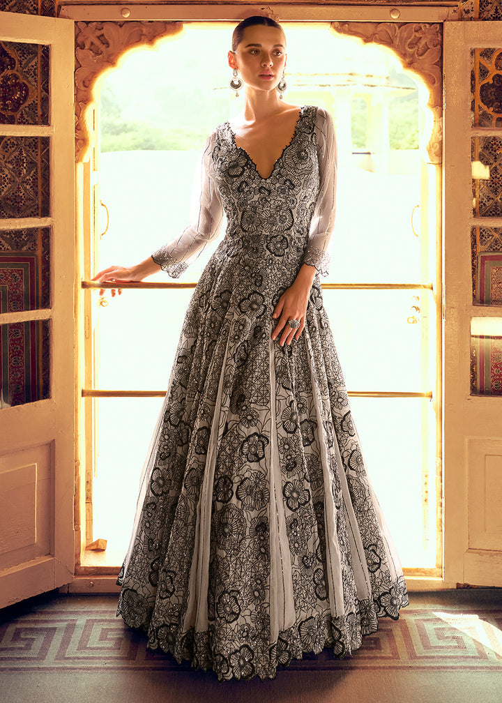 Buy Now Stylist Grey Embroidered Designer Anarkali Gown Online in US, UK, Canada, France, Italy, Singapore, UAE, Austria, Australia & Worldwide at Empress.