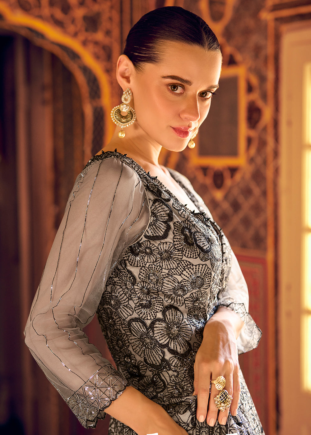 Buy Now Stylist Grey Embroidered Designer Anarkali Gown Online in US, UK, Canada, France, Italy, Singapore, UAE, Austria, Australia & Worldwide at Empress.