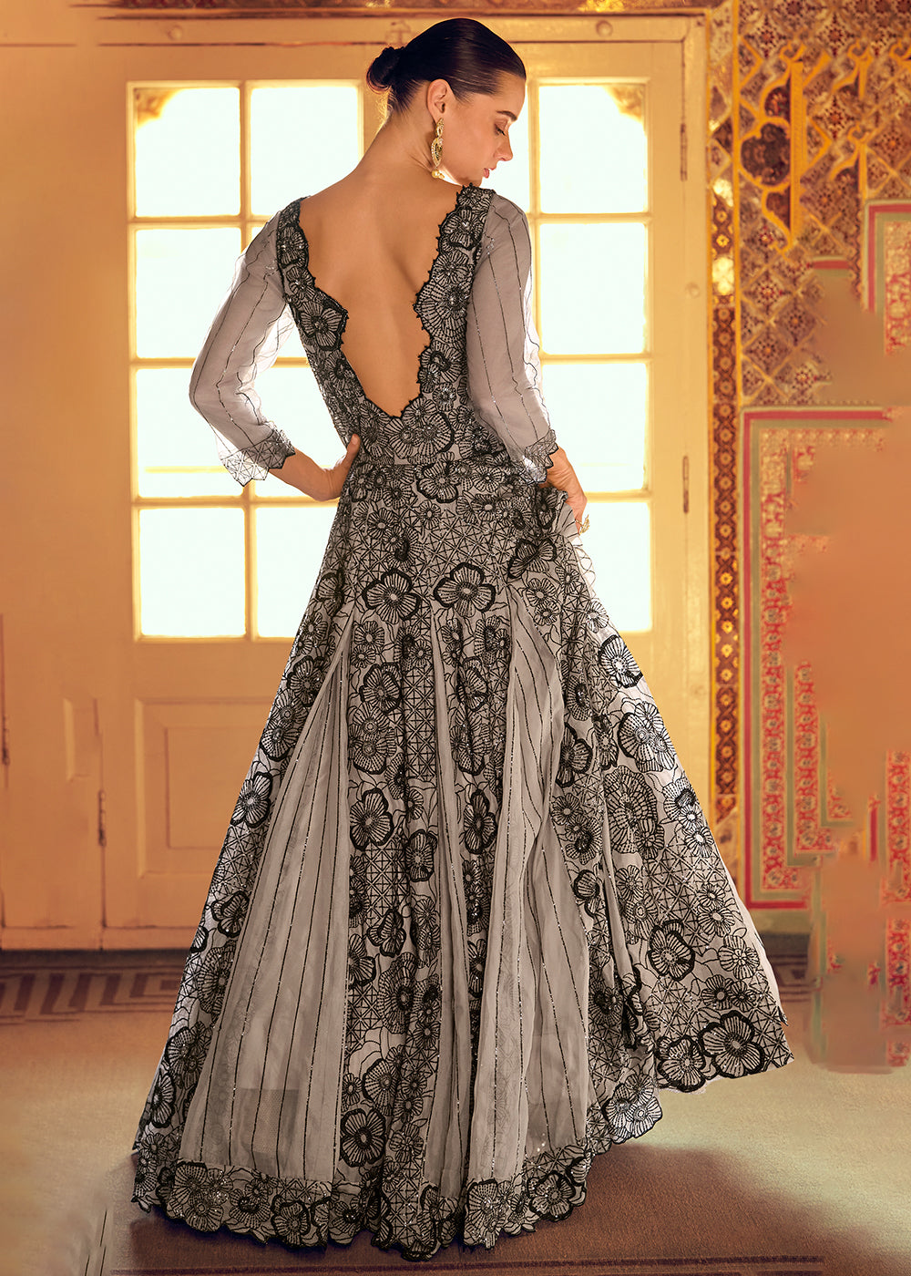 Buy Now Stylist Grey Embroidered Designer Anarkali Gown Online in US, UK, Canada, France, Italy, Singapore, UAE, Austria, Australia & Worldwide at Empress.