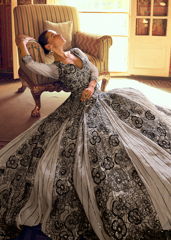 Buy Now Stylist Grey Embroidered Designer Anarkali Gown Online in US, UK, Canada, France, Italy, Singapore, UAE, Austria, Australia & Worldwide at Empress.