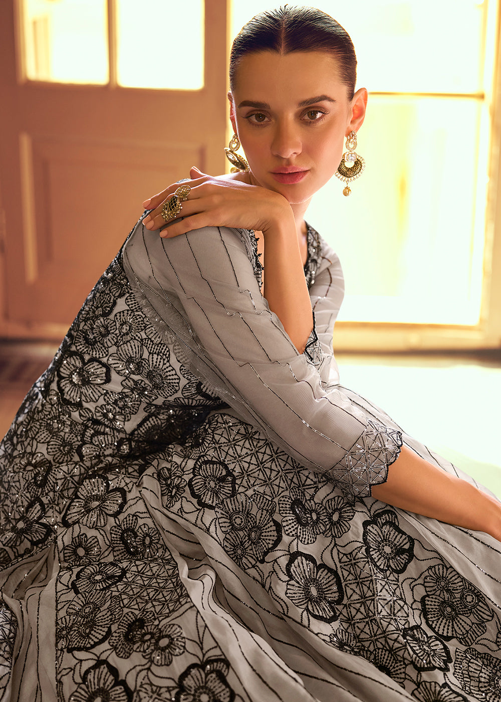 Buy Now Stylist Grey Embroidered Designer Anarkali Gown Online in US, UK, Canada, France, Italy, Singapore, UAE, Austria, Australia & Worldwide at Empress.