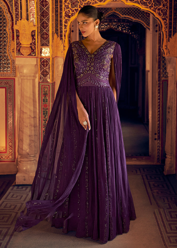 Buy Now Stylist Purple Embroidered Designer Anarkali Gown Online in US, UK, Canada, France, Italy, Singapore, UAE, Austria, Australia & Worldwide at Empress.
