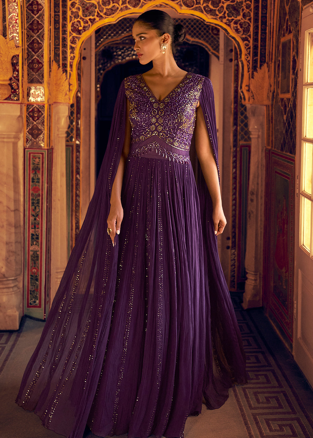 Buy Now Stylist Purple Embroidered Designer Anarkali Gown Online in US, UK, Canada, France, Italy, Singapore, UAE, Austria, Australia & Worldwide at Empress.